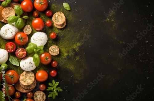 Cheese, tomatoes on a black background 