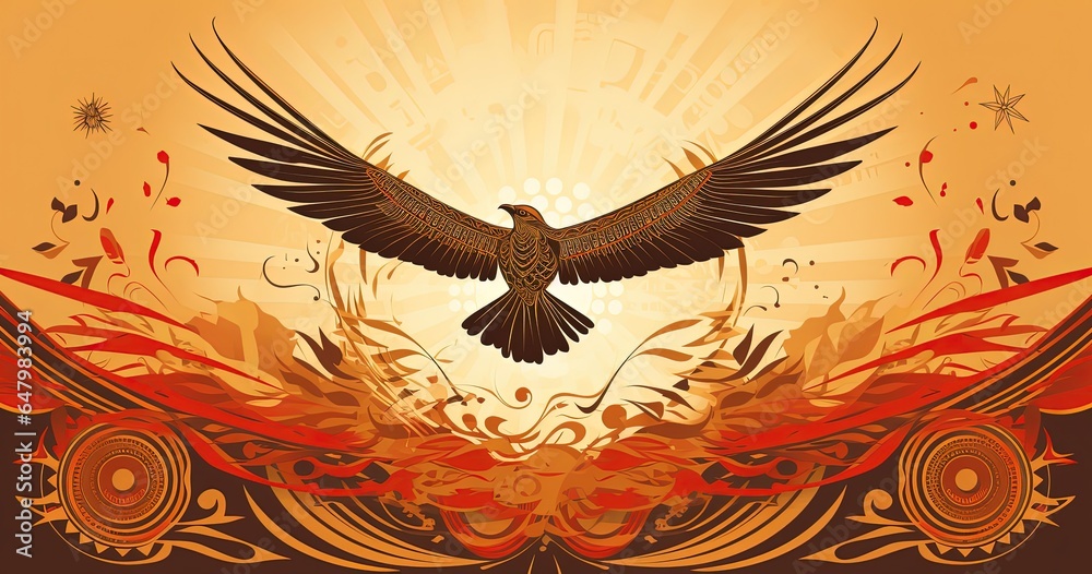 Fototapeta premium vintage illustration style of eagle bird spread wing fly on sky, generative Ai