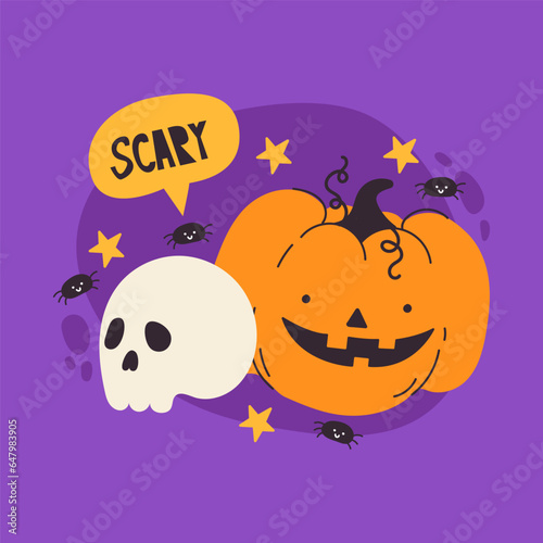 Halloween illustration on a purple background pumpkin skull spiders