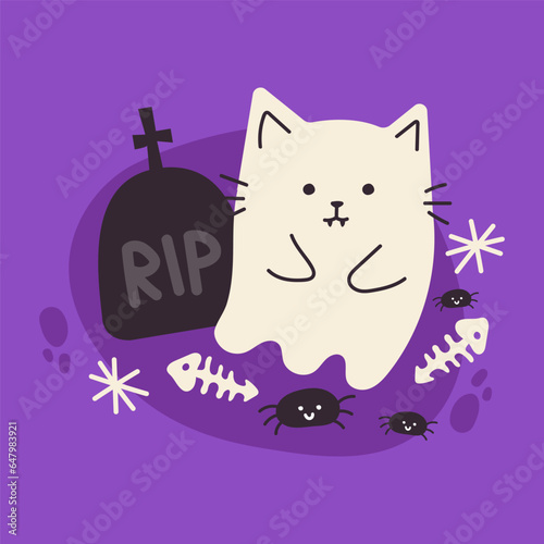 Halloween illustration on a purple background, cat ghost, spiders, grave.