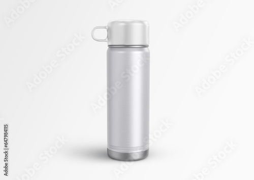 white plain empty blank branding packaging Hot And Cold Metallic Stainless Steel Vacuum Flask Water bottle with cup lid on isolated background 