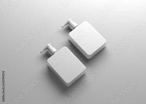 white plain empty blank flat two rectangular shampoo lotion cosmetic plastic pump bottle on isolated background
