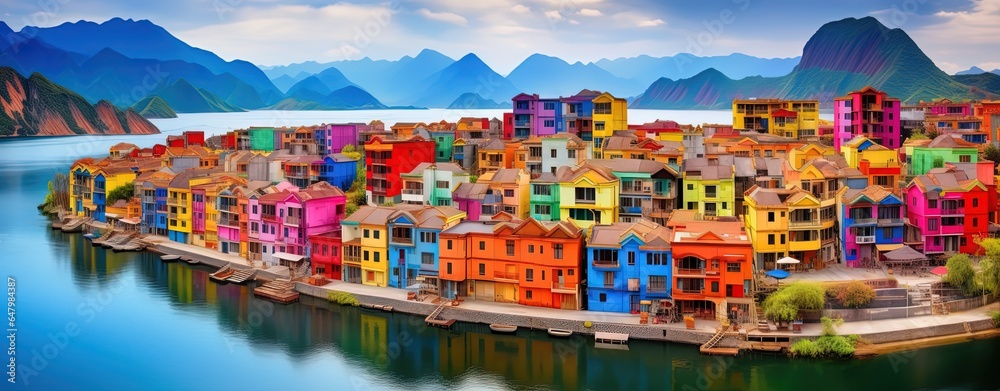 beautiful colorful village at lake side, generative Ai