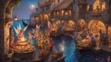 Isometric: Some beautiful Tinkerbell', tiny kobolds in a bustling medieval marketplace in a lagoon lane, illuminated by the warm glow of the open hearth and the spinning skewer of freshly cooked treat