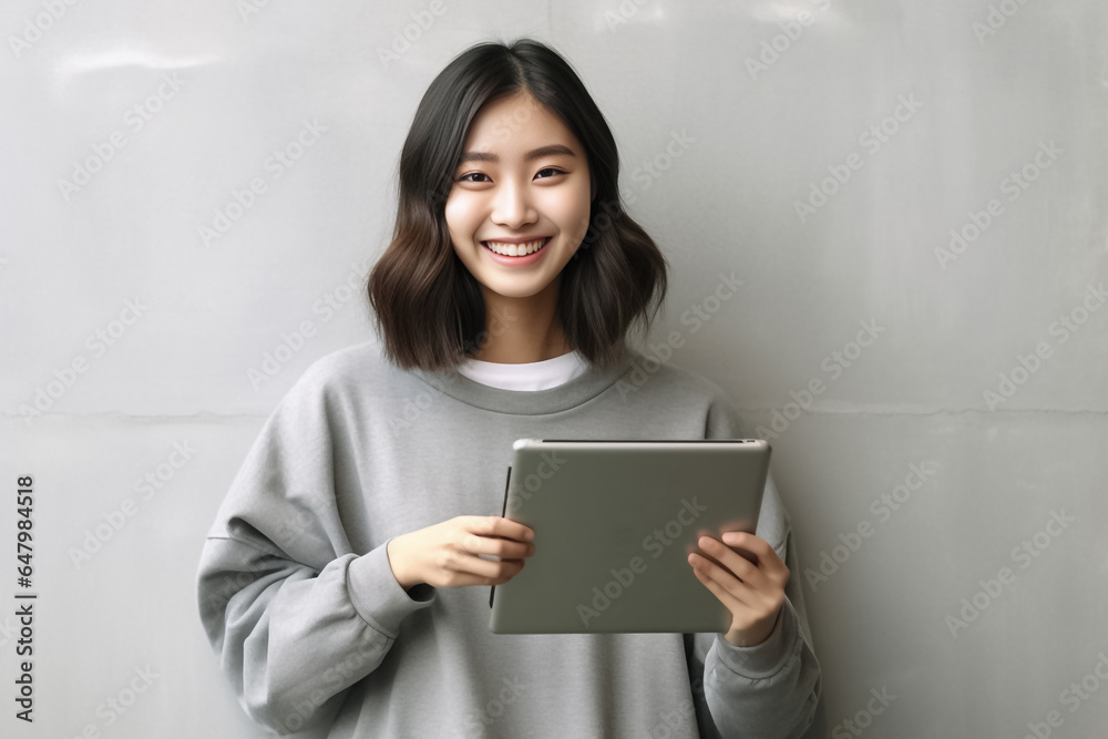 a vibrant young Asian woman is depicted, radiating positivity as she holds a digital tablet in her hands. Her smile is warm and inviting, reflecting her enthusiasm and confidence. Generative AI. a vibrant young Asian woman is depicted, radiating positivity as she holds a digital tablet in her hands. Her smile is warm and inviting, reflecting her enthusiasm and confidence. Generative AI.
