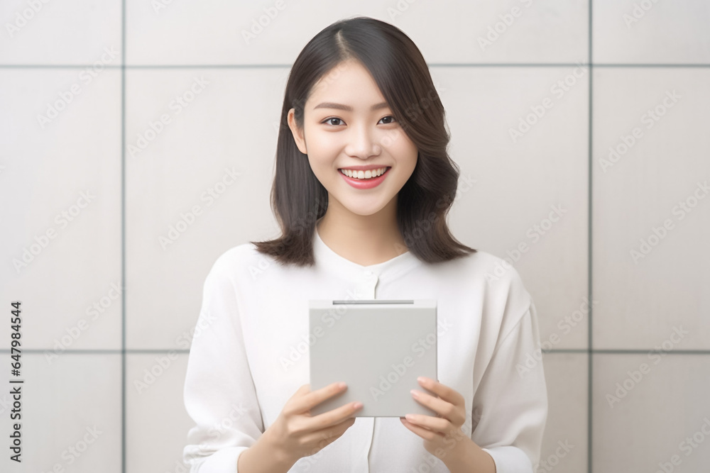 a vibrant young Asian woman is depicted, radiating positivity as she holds a digital tablet in her hands. Her smile is warm and inviting, reflecting her enthusiasm and confidence. Generative AI. a vibrant young Asian woman is depicted, radiating positivity as she holds a digital tablet in her hands. Her smile is warm and inviting, reflecting her enthusiasm and confidence. Generative AI.