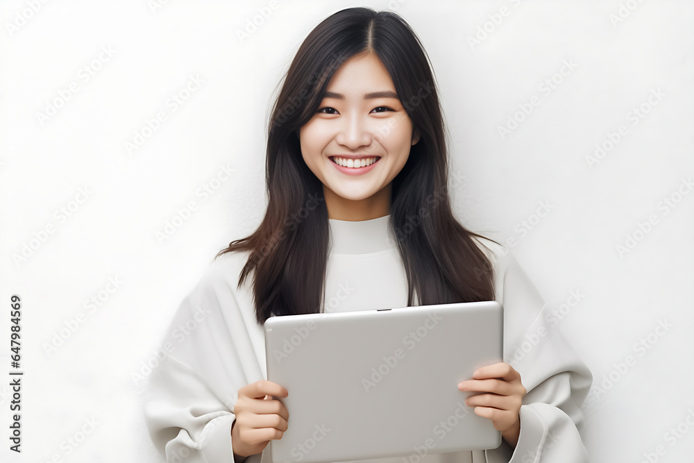 a vibrant young Asian woman is depicted, radiating positivity as she holds a digital tablet in her hands. Her smile is warm and inviting, reflecting her enthusiasm and confidence. Generative AI. a vibrant young Asian woman is depicted, radiating positivity as she holds a digital tablet in her hands. Her smile is warm and inviting, reflecting her enthusiasm and confidence. Generative AI.