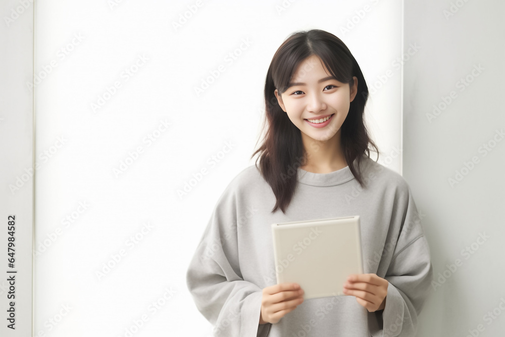 a vibrant young Asian woman is depicted, radiating positivity as she holds a digital tablet in her hands. Her smile is warm and inviting, reflecting her enthusiasm and confidence. Generative AI. a vibrant young Asian woman is depicted, radiating positivity as she holds a digital tablet in her hands. Her smile is warm and inviting, reflecting her enthusiasm and confidence. Generative AI.