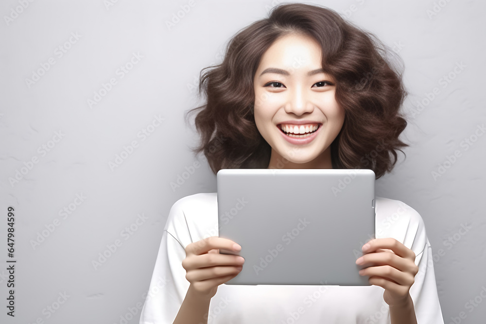 a vibrant young Asian woman is depicted, radiating positivity as she holds a digital tablet in her hands. Her smile is warm and inviting, reflecting her enthusiasm and confidence. Generative AI. a vibrant young Asian woman is depicted, radiating positivity as she holds a digital tablet in her hands. Her smile is warm and inviting, reflecting her enthusiasm and confidence. Generative AI.