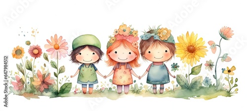 watercolor style illustration of cute three girls play together in flower blossom meadow, Generative Ai