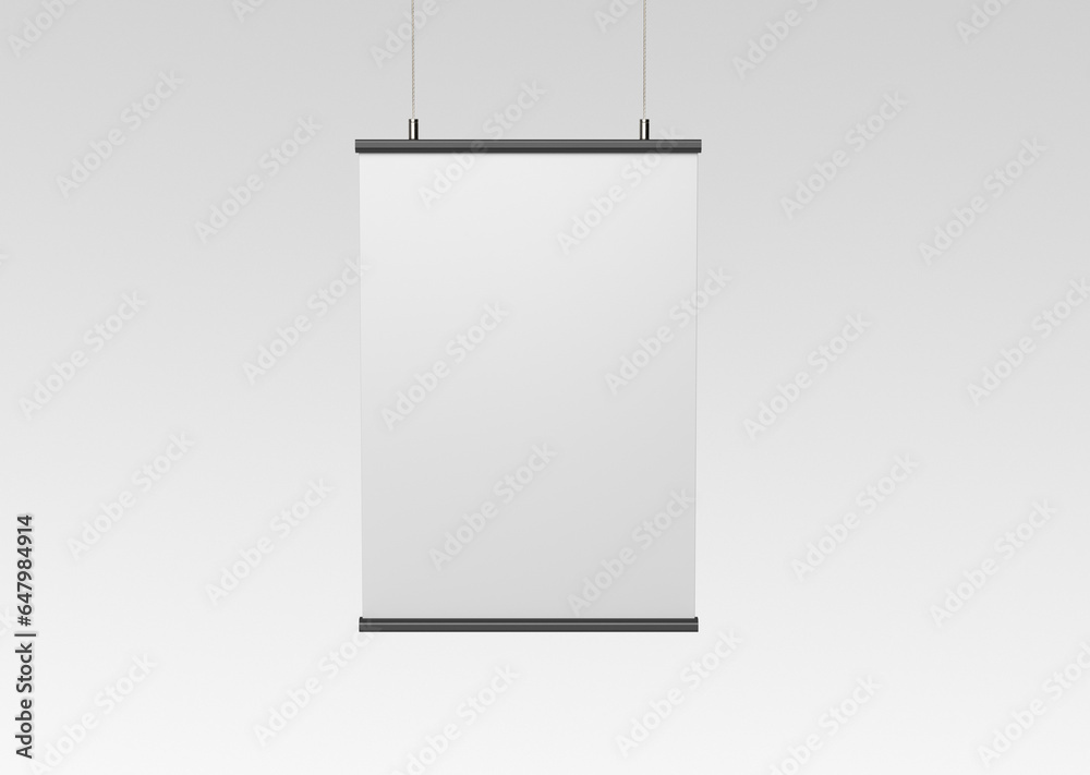 plain white blank empty vertical with metal frame paper poster banner hanging with steel wire on an isolated background - obrazy, fototapety, plakaty 
