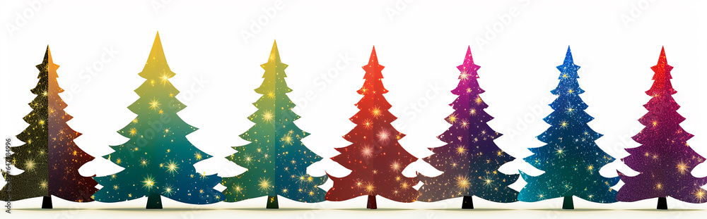 illustration of different decorated xmas trees with lights and stars and balls standing in a row on white background, concept of christmas trees illustration of different decorated xmas trees with lights and stars and balls standing in a row on white background, concept of christmas trees