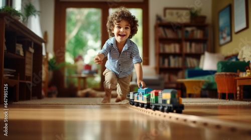 Childhood, young kid playing with his toy train in living room with full of happinesses photo