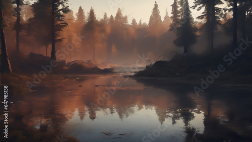 森の中の風景。壁紙。池。沼。油絵。Scenery in the forest. wallpaper. pond. Swamp. oil painting.