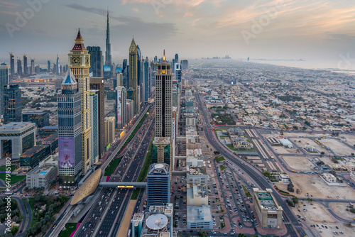 Photography This view looks southbound, past the Dubai International Finance Centre and Burj Khalifa towards the Burj Al Arab and Dubai Marina