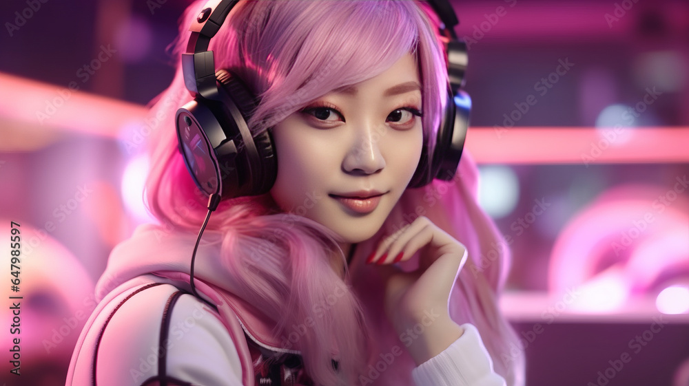 GAMER Cute asian woman WITH microphone speaker HEADSET ON, HOUSEHOLD BACKGROUND.