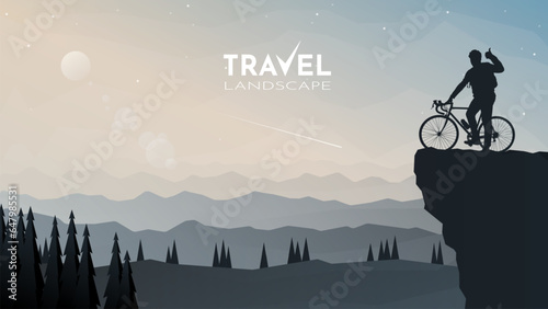 Cyclist on top of mountain. Travel concept of discovering, and exploring. Adventure tourism. Man riding at mountain bike, climbing to the top. Mountains landscape. Bike trip. Flat vector illustration