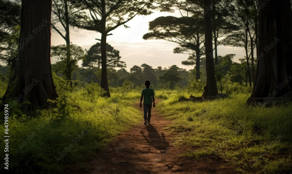 Photo of a person walking down a forest path Photo of a person walking down a forest path