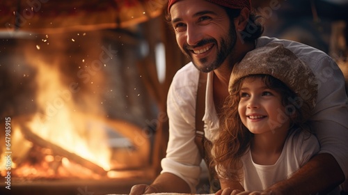 A man and a little girl sitting in front of a fire