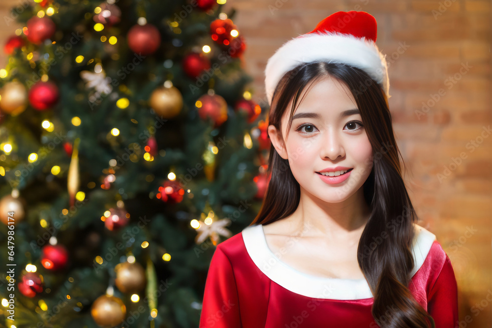 クリスマスツリーが飾られた会場でサンタクロースのコスチュームを着てパーティーを楽しむ日本人女性(美人モデル) クリスマスツリーが飾られた会場でサンタクロースのコスチュームを着てパーティーを楽しむ日本人女性(美人モデル)