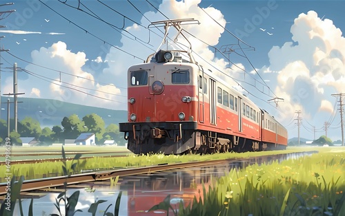 80s train traveling through golden, sun-kissed rice fields during harvest season