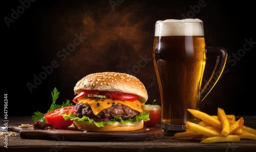 Photo of a delicious hamburger and refreshing glass of beer on a table