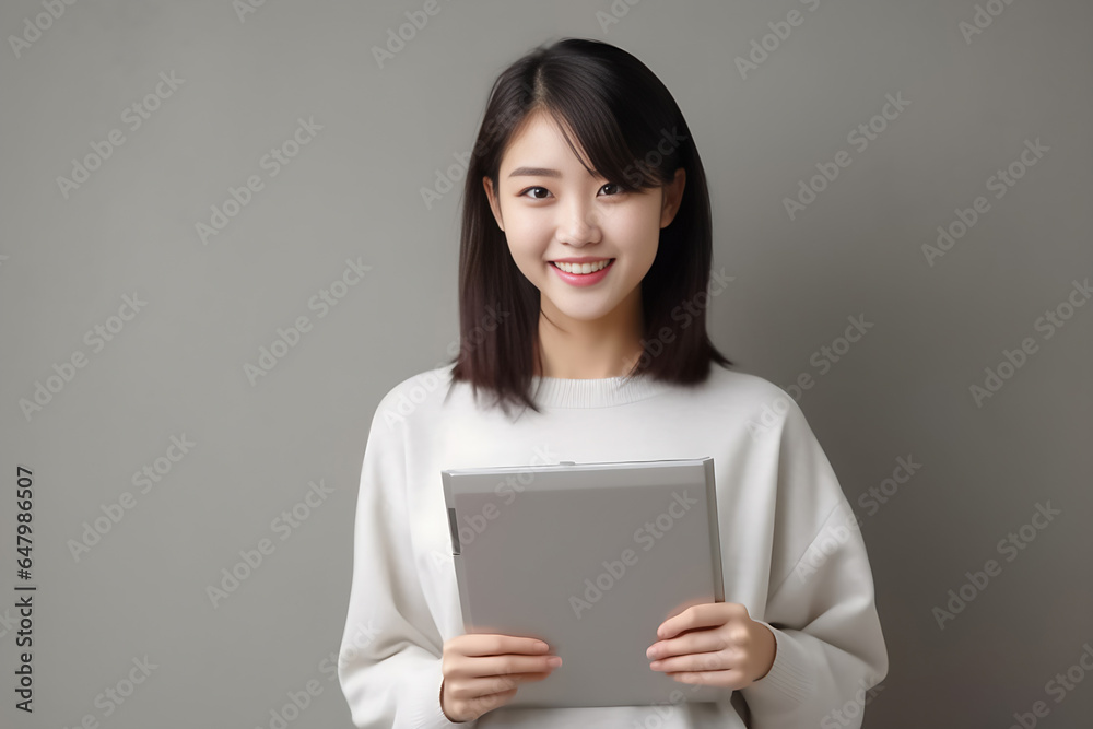 a vibrant young Asian woman is depicted, radiating positivity as she holds a digital tablet in her hands. Her smile is warm and inviting, reflecting her enthusiasm and confidence. Generative AI. a vibrant young Asian woman is depicted, radiating positivity as she holds a digital tablet in her hands. Her smile is warm and inviting, reflecting her enthusiasm and confidence. Generative AI.