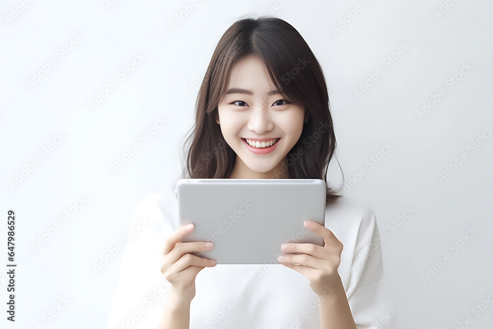 a vibrant young Asian woman is depicted, radiating positivity as she holds a digital tablet in her hands. Her smile is warm and inviting, reflecting her enthusiasm and confidence. Generative AI. a vibrant young Asian woman is depicted, radiating positivity as she holds a digital tablet in her hands. Her smile is warm and inviting, reflecting her enthusiasm and confidence. Generative AI.