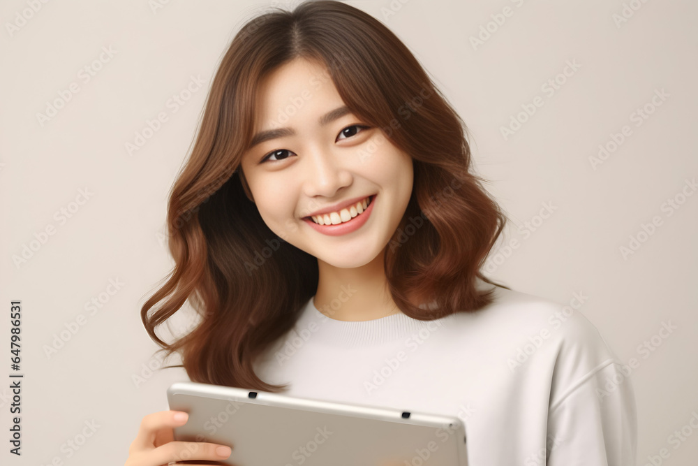 a vibrant young Asian woman is depicted, radiating positivity as she holds a digital tablet in her hands. Her smile is warm and inviting, reflecting her enthusiasm and confidence. Generative AI. a vibrant young Asian woman is depicted, radiating positivity as she holds a digital tablet in her hands. Her smile is warm and inviting, reflecting her enthusiasm and confidence. Generative AI.