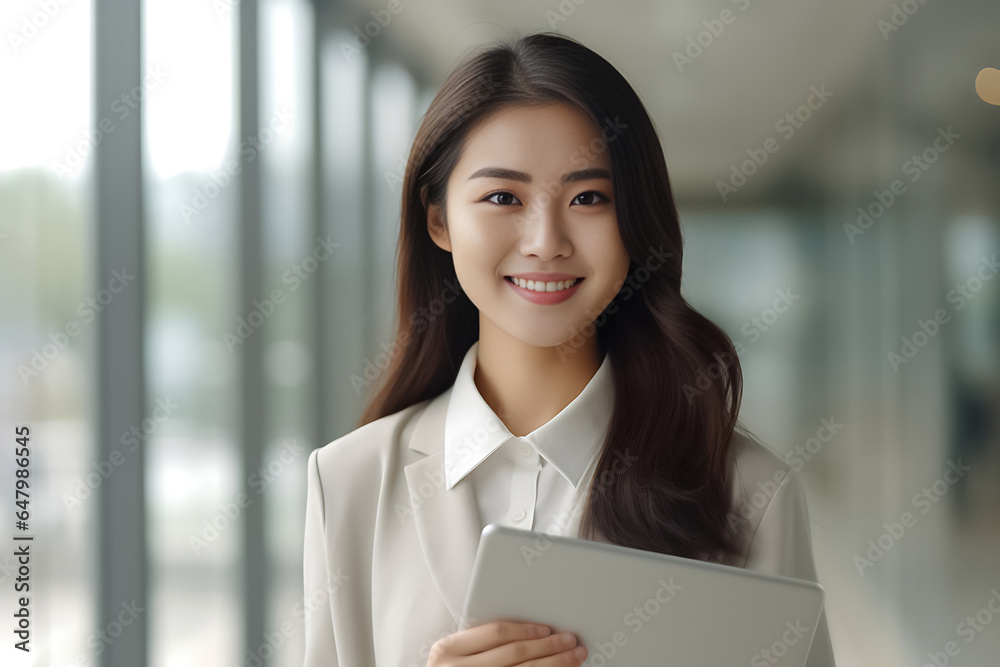 a vibrant young Asian woman is depicted, radiating positivity as she holds a digital tablet in her hands. Her smile is warm and inviting, reflecting her enthusiasm and confidence. Generative AI. a vibrant young Asian woman is depicted, radiating positivity as she holds a digital tablet in her hands. Her smile is warm and inviting, reflecting her enthusiasm and confidence. Generative AI.