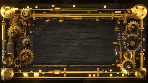 Fototapeta Naklejka Na Ścianę i Meble -  old wooden frame, cracked, with gear mechanism, metal style, gold color, abstraction, steampunk background, 3d render