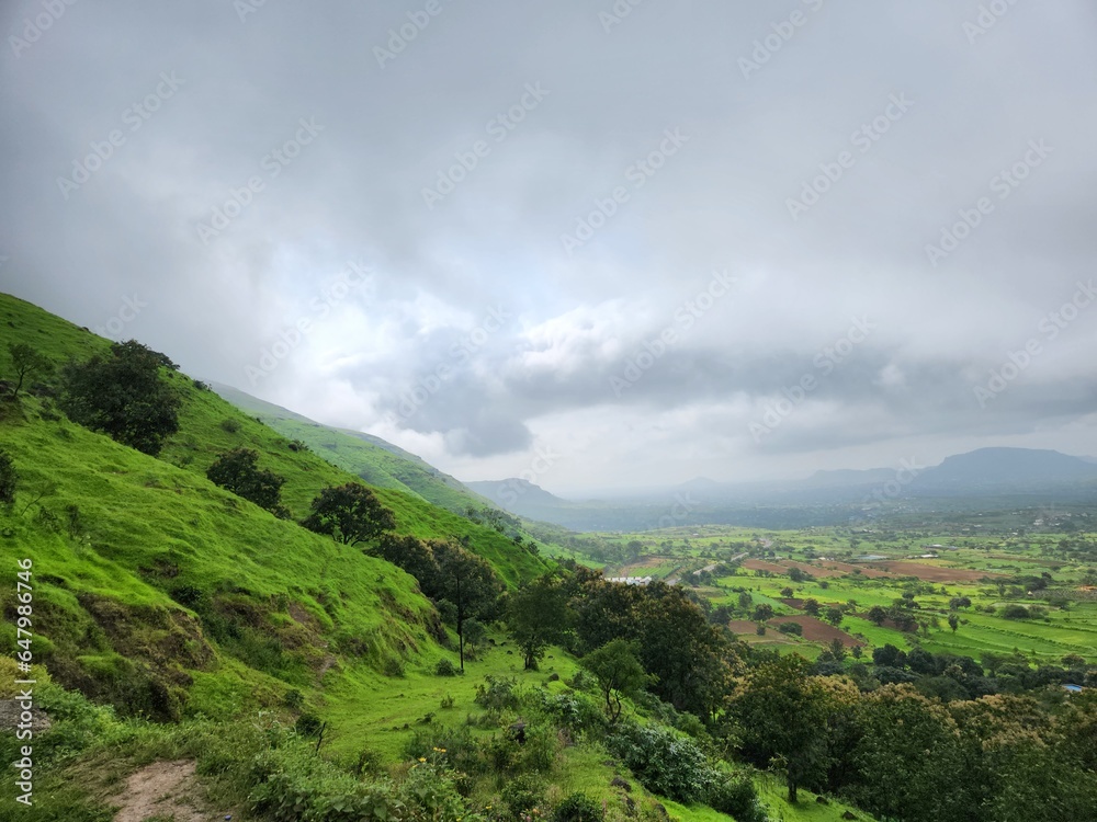 Fototapeta premium Malshej, Maharashtra India - Sep 04 2023: Beautiful scenic view at Malshej Ghat near Mumbai and Pune.