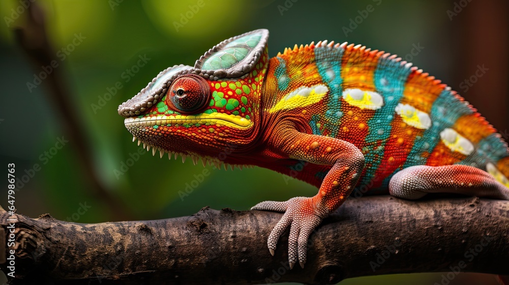 Fototapeta premium Close-up of a colorful chameleon on a tree