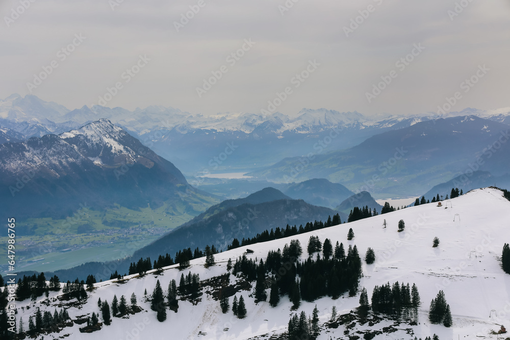 Beautiful view of alps mountain from Rigi Kulm, Switzerland on calm sunny day.