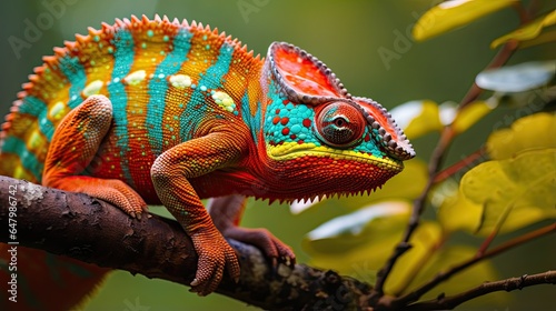 Close-up of a colorful chameleon on a tree