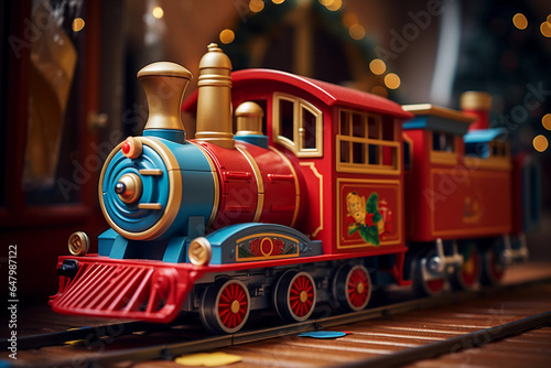 Closeup portrait of a toy train in wooden table top with Christmas decoration photo