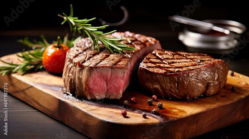 photograph of Beef, Sliced grilled meat steak Rib eye medium rare set on wooden serving board.