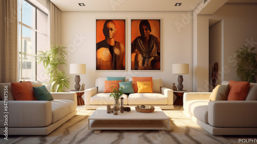 Interior Furniture  Pop art style interior design of modern living room with two beige sofas.