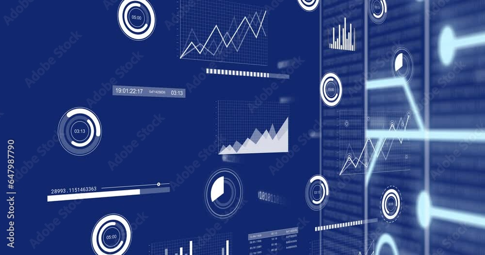 Animation of multiple graphs, loading circles and bars with binary codes on server racks Animation of multiple graphs, loading circles and bars with binary codes on server racks