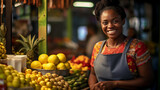 photograph of Joyful seller woman working in vegetable shop.generative ai