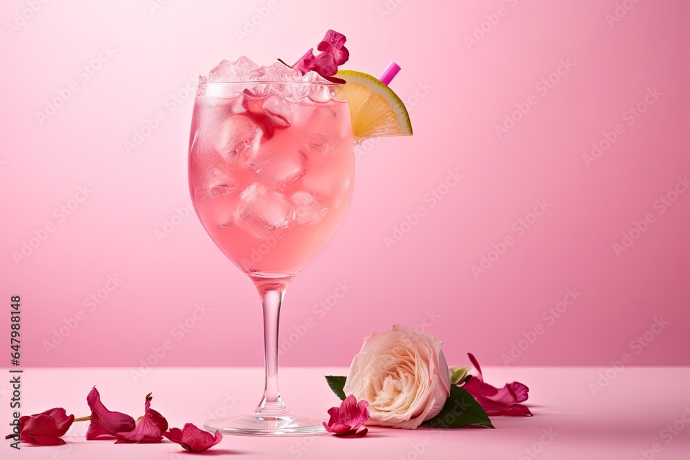 Composition with pink mocktail decorated with rose petals and blooming flowers Composition with pink mocktail decorated with rose petals and blooming flowers