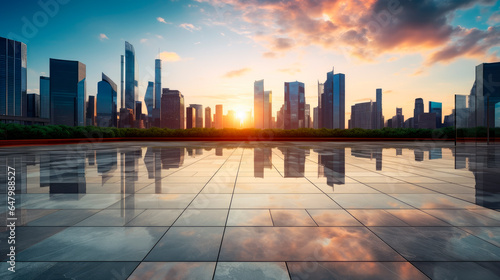 Panoramic skyline and buildings with empty concrete square floor