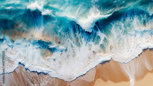 Top-down aerial view of a clean sandy beach on the shores of a beautiful blue sea