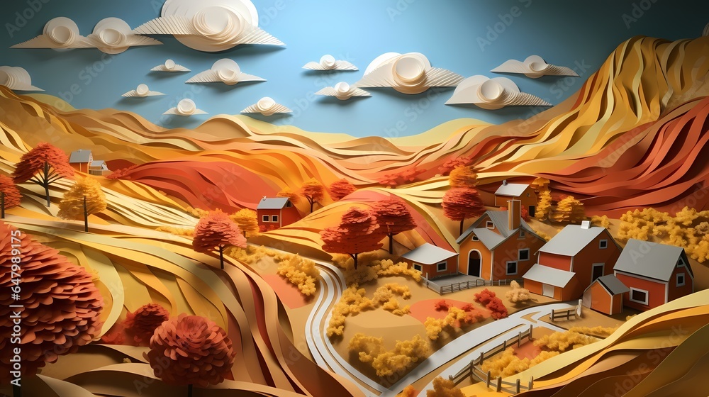 Countryside farmland, inspired by 3D papercut art (Generative AI)
