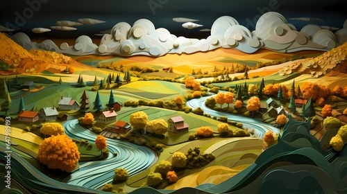 Countryside farmland, inspired by 3D papercut art (Generative AI) © FEROHORA