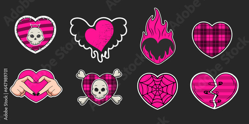 Set of trending emo stickers of hearts of the 2000s in black and acid pink colors. Hearts with skulls, with wings, heart made of fingers, broken heart with pins, with checkered pattern.