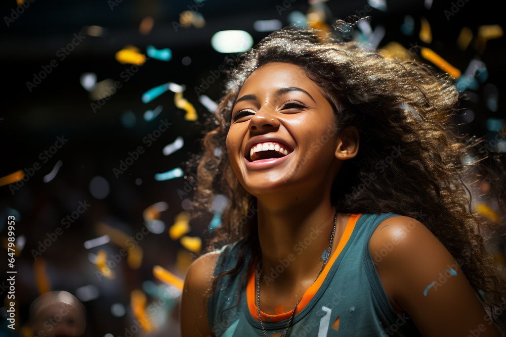 happy african american female sport player celebrating winning with confetti falling,generative ai