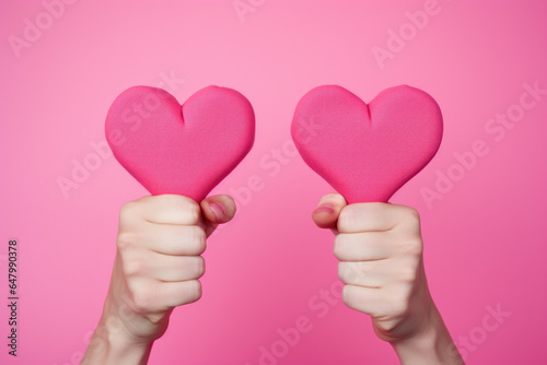 Two hands are holding pink foam hearts against pink background. This image can be used to represent love, romance, Valentine\'s Day, or any other heartfelt occasion.