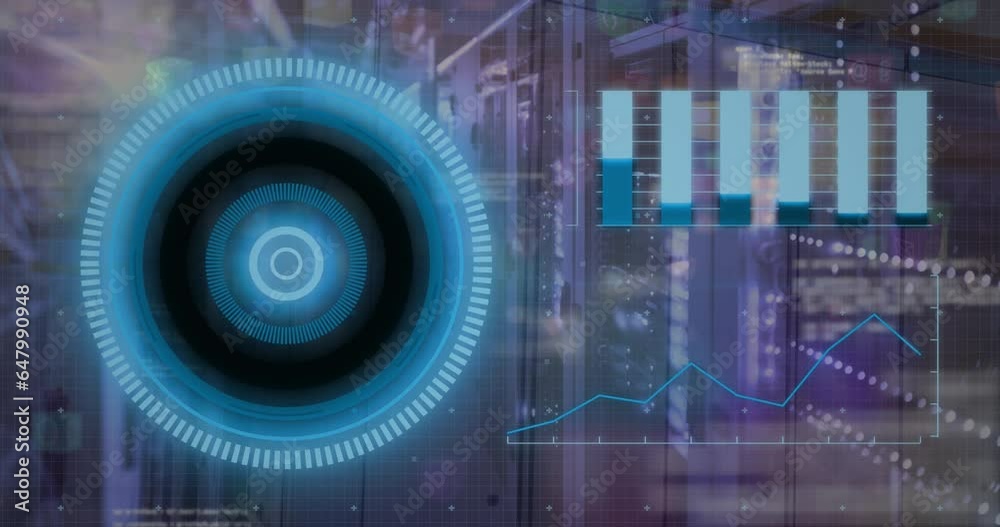 Animation of loading circles, graphs and computer language over server room