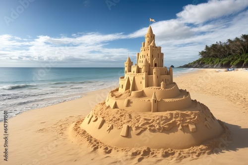 Sand castle on the beach with a cloudy sky in the background